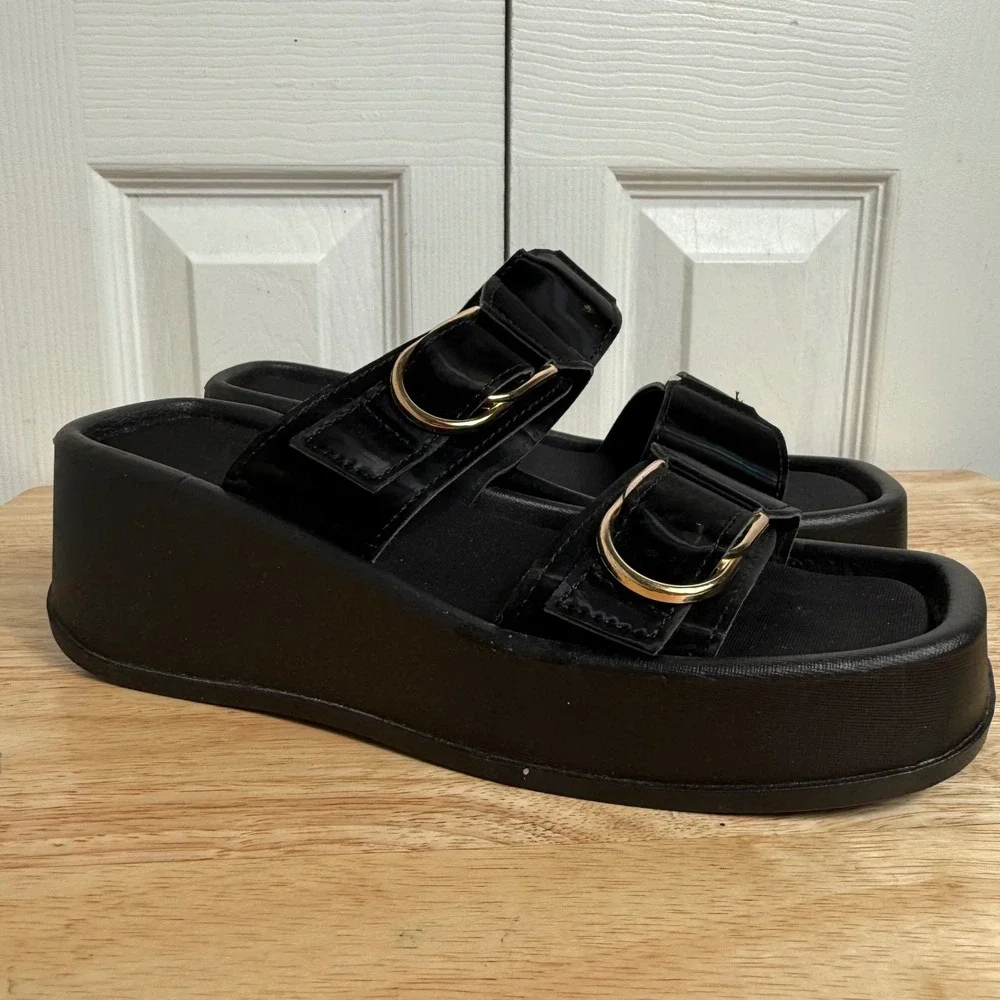 Bamboo Platform Slide Sandals Size 7 Black Y2K Chunky Buckle Goth Aesthetic